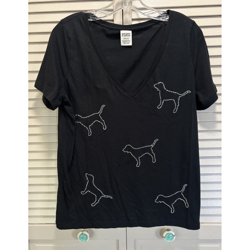 PINK Victorias Secret V Neck Tshirt Black Rhinestone Dog Pup Sz Large Rare EUC